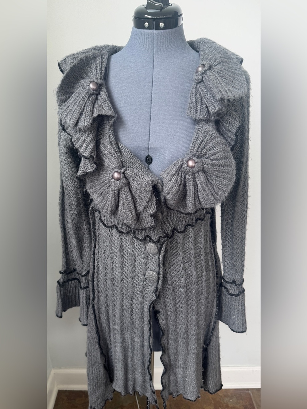 Hendi Y2k Sz S / M Long Wool Blend Gray Ruffled Knit Belted Cardigan Sweater
